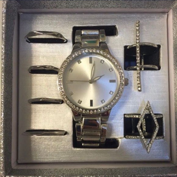 SILVER WATCH RING SET GIFT BOX MIDI RINGS BEAUTIFUL Women Present Mother Sister - Picture 2 of 8